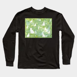 Green Watercolor Cat and Fish Bone Painting Long Sleeve T-Shirt